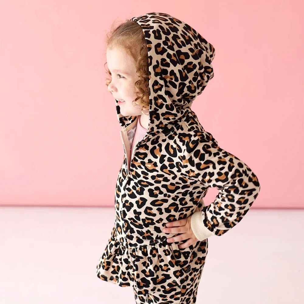 Posh Peanut Lana Leopard Tan French Terry Ruffled Zipper sweater